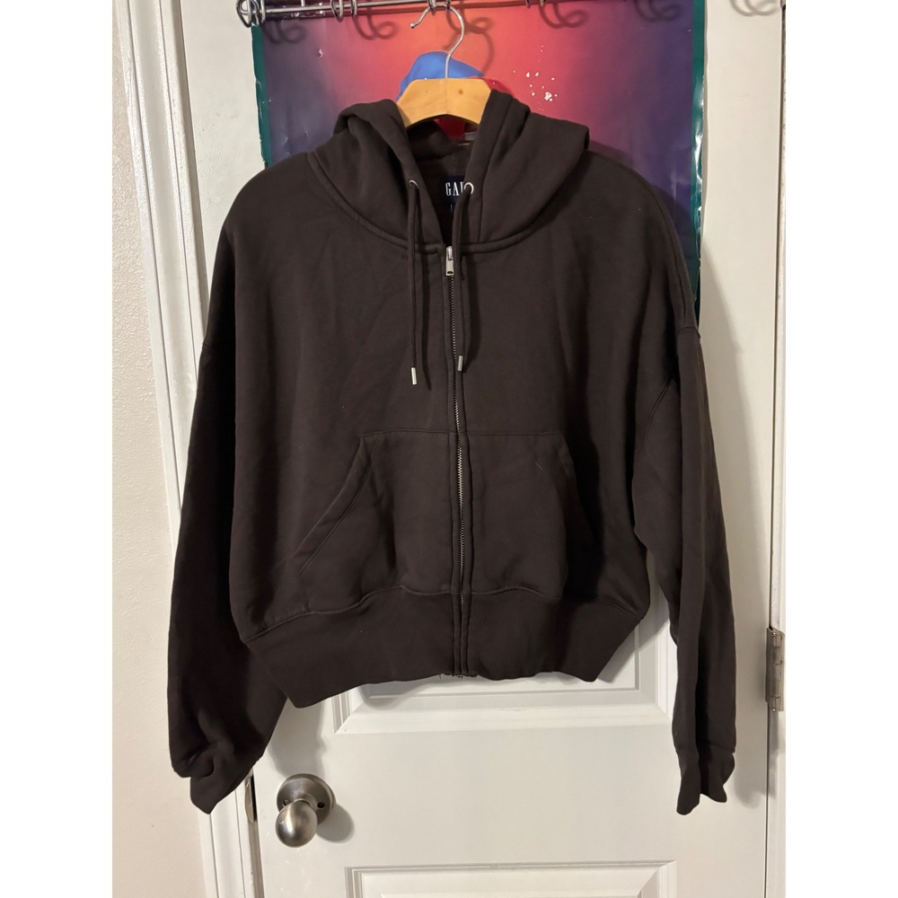 Gap Mens Brown Full Zip Hoodie Boxy Cropped Fleece Sweatshirt Medium